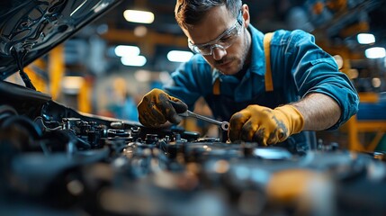 Mechanic repairing car engine in workshop.