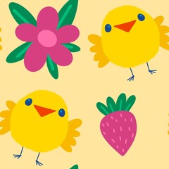 Easter chicken and eggs seamless birds pattern for wrapping paper and fabrics