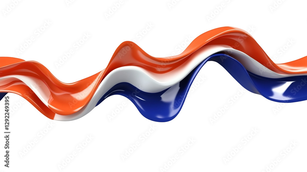 Poster Wavy ribbons in orange white and blue colors are flowing on a transparent background, creating a dynamic and vibrant visual