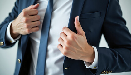 Man adjusting suit jacket in professional environment