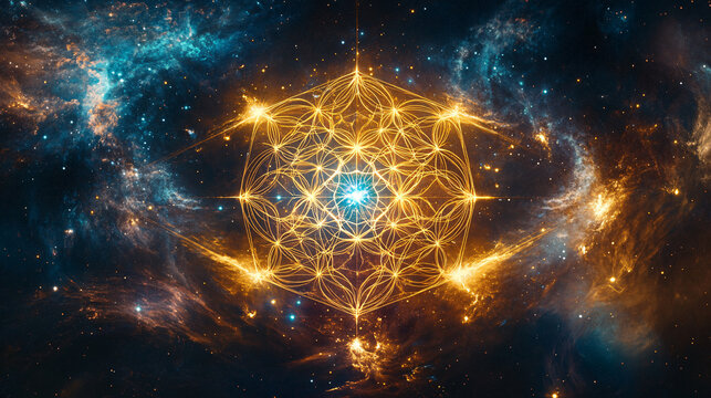 Glowing sacred geometry composition featuring the Flower of Life, Metatron&rsquo;s Cube, and Merkaba