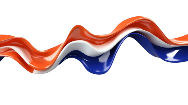 Wavy ribbons in orange white and blue colors are flowing on a transparent background, creating a dynamic and vibrant visual - Powered by Adobe