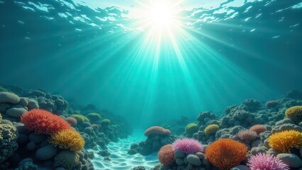 Fototapeta premium Sunlit coral reef underwater showing signs of bleaching and recovery 