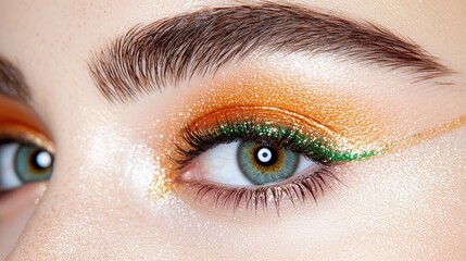 Fototapeta premium Close-up eye makeup, gold glitter eyeshadow, green liner