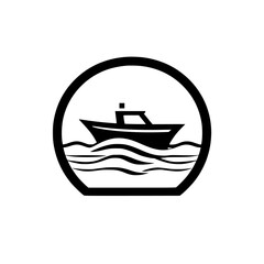 Simple illustration of a boat sailing on water within a circle.