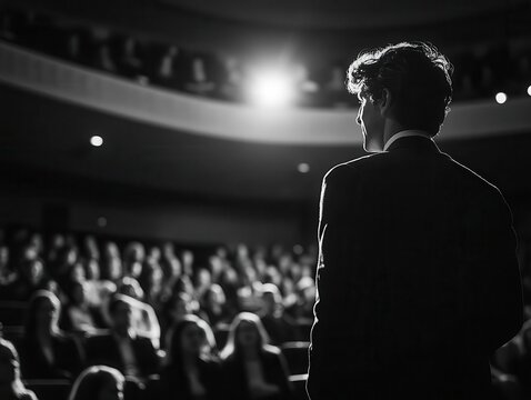 A conference speaker delivering a motivational speech to a captivated audience, Event photography, Dynamic, High contrast