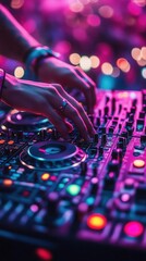 Fototapeta premium A DJ performing at an outdoor music festival, with colorful lights illuminating the night sky, Event photography, High-energy, Vivid colors
