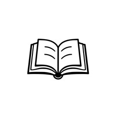 Open book with simple line art illustration on white background.