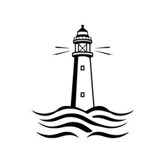 Minimalist lighthouse illustration: a black and white depiction of a lighthouse amidst ocean waves.