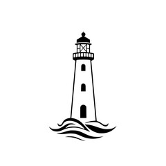 Lighthouse, Simple and Elegant Black & White Illustration of Lighthouse on Waves. Minimalist Design.