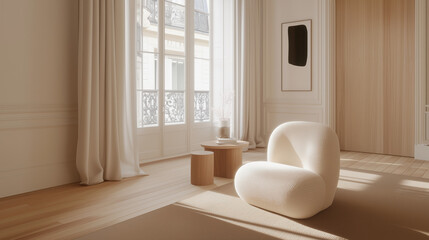 Intérieur parisien épuré avec fauteuil blanc design et fenêtre style haussmannien