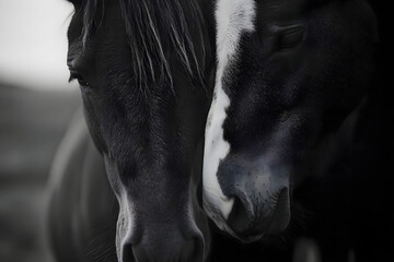 Black and White Horses in Close Up: A Study in Equine Companionship