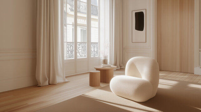 Int&eacute;rieur parisien &eacute;pur&eacute; avec fauteuil blanc design et fen&ecirc;tre style haussmannien