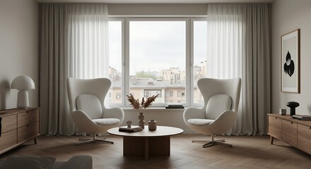 Fototapeta premium Two Cream Plush Armchairs and a Round Wooden Coffee Table in a Modern Living Room