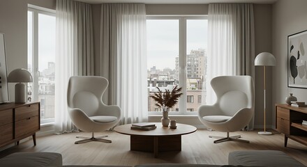 Two Cream Plush Armchairs and a Round Wooden Coffee Table in a Modern Living Room