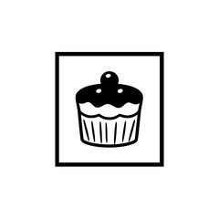 Black and white illustration of a cupcake in a black, square border on a white background.