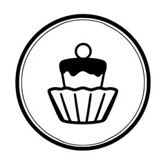 Cupcake icon in a circular frame showing a black and white illustration of a cupcake in a circular frame with a simple design.