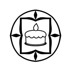 Cake emblem design, birthday celebration, black and white illustration, circular, candle, dessert, food, ornate, simple.