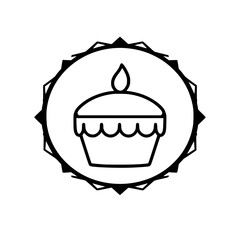 Simple cupcake icon with a candle, set in a black and white circle with a jagged-edge outer border.