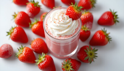 yogurt with strawberries.
Refreshing strawberry milkshake topped with whipped cream, surrounded by fresh strawberries, healthy eating concept white background 