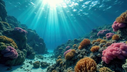 Fototapeta premium Sunlit coral reef underwater showing signs of bleaching and degradation 