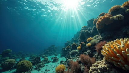 Sunlit coral reef underwater showing signs of bleaching and degradation	
