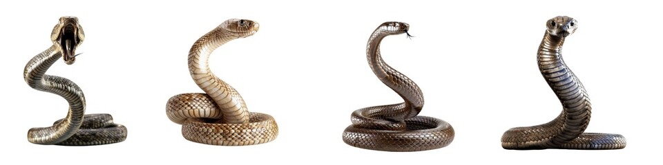 Fototapeta premium Four cobras in defensive poses highlighting their graceful and powerful features
