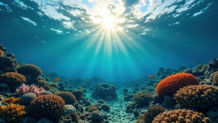 Fototapeta premium Sunlit coral reef underwater showing signs of bleaching and degradation 