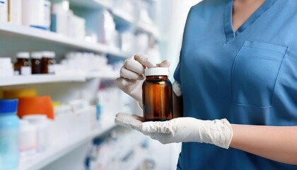 Healthcare professional holds prescription medication in a pharmacy setting during daytime