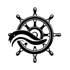 Marine black and white emblem depicting a ship's wheel with a dolphin.