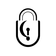 Black & White Icon: Lock with Crescent Moon, minimalist, flat.