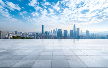 Empty marble floor overlooking modern city skyline under blue sky