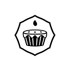 Black and white cupcake icon illustration featuring a cupcake within a shield, with a drop above.