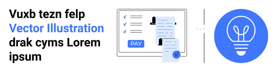 Checklist with payment button, receipts, and light bulb. Ideal for finance, technology, innovation, business, creativity digital solutions inspiration. Abstract line flat metaphor