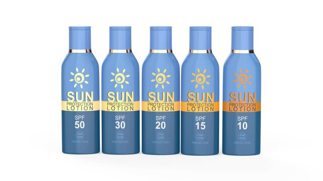 Row of sunscreen lotions with different SPF numbers on white background