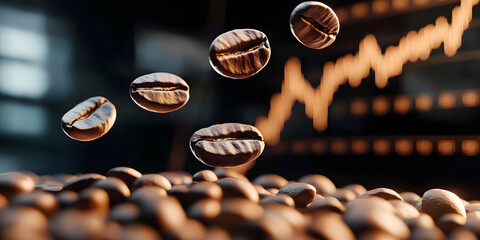Coffee beans floating over rising stock market graph indicating increasing coffee prices