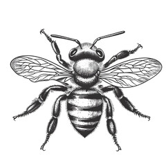 Obraz premium honey bee with intricate details, showcasing its wings, legs, and striped body in a realistic style sketch engraving generative ai raster illustration. Scratch board imitation. Black and white image.