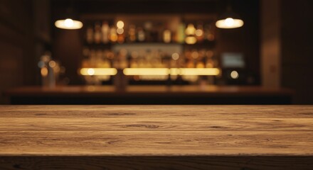 Wooden counter surface in a stylish bar setting with a softly illuminated background conveying a warm and inviting atmosphere