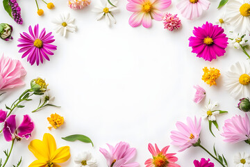 A frame of vibrant flowers on a white background with ample space for a greeting card.