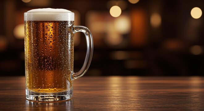 Chilled beer in a frosty glass showcasing condensation and bubbles, creating a refreshing mood, sitting on a wooden table with a softly lit sports café ambiance in the background
