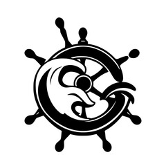 Nautical-themed logo in black and white. Combining a ship's wheel with a wave.