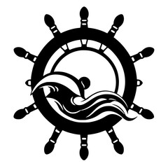 Ship's Wheel: A Black and White Illustration of a Ship's Helm and Waves