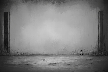 A desolate, monochrome landscape with two tall pillars and a solitary figure in the foreground