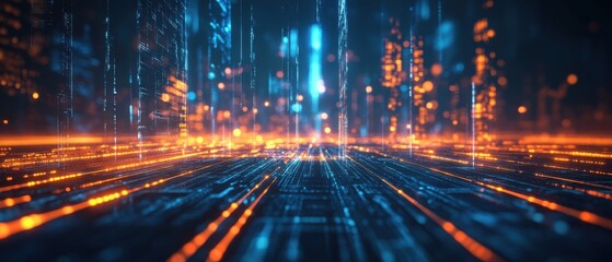 Abstract digital circuit board with glowing orange and blue lights, representing advanced technology, data flow, and futuristic network communication