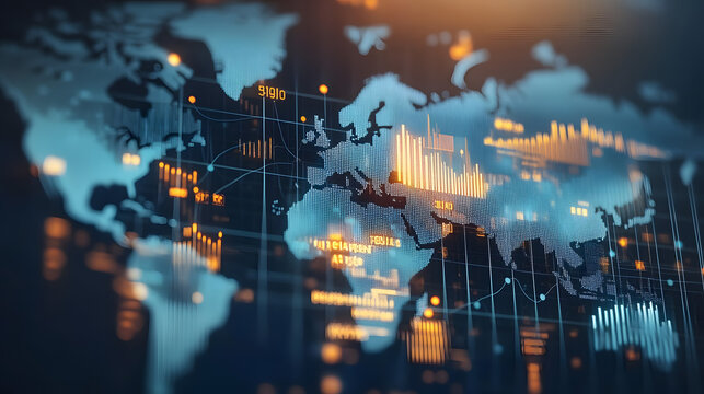 High-resolution image of financial graphs and charts overlaying a world map.