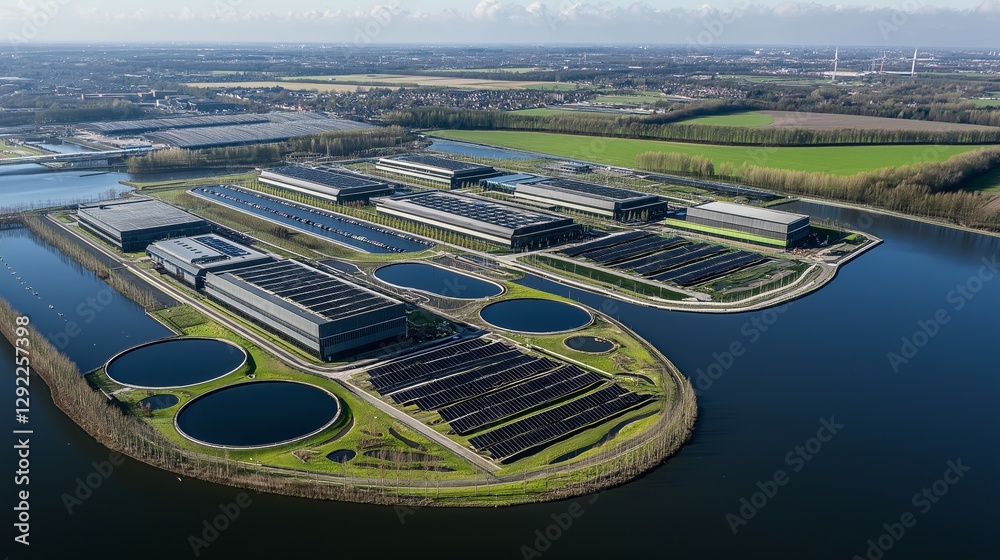 Poster aerial view of large data center complex on artificial island with solar energy and cooling ponds, r
