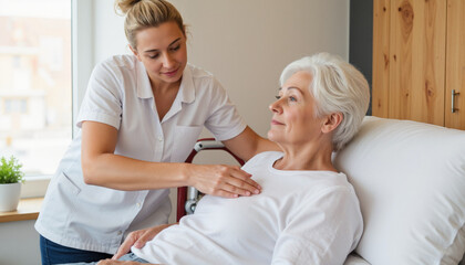 Obraz premium Caregiver comforting senior woman in healthcare setting