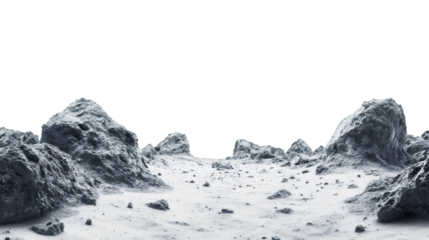 Lunar terrain with rocky surface and deep craters, transparent PNG offering seamless space design integration