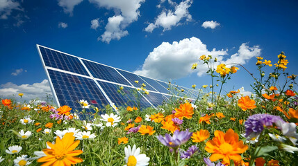 Solar Panels in Wildflower Meadow Clean Energy Sustainable Power