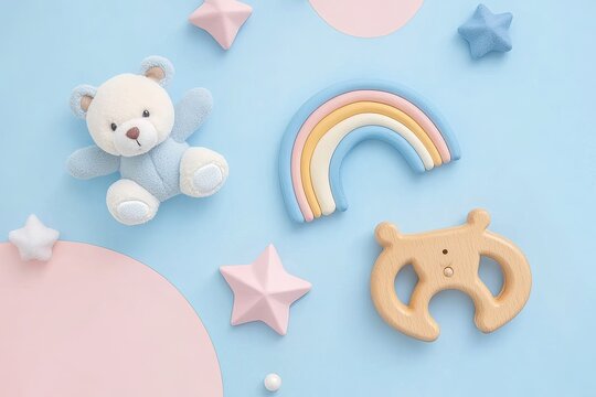Baby toys made of wood on a backdrop of pink and light-blue. The collection includes a knitted bear, a rainbow, a dinosaur toy, beads, and stars. It also comprises eco-friendly accessories like a
